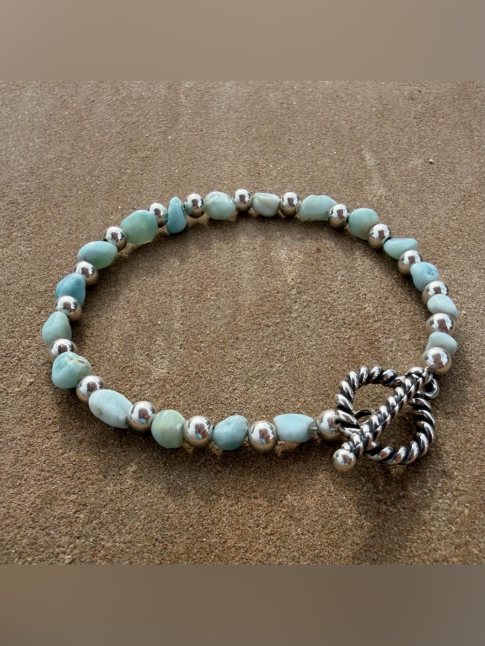 Larimar & Sterling Silver Handmade Bracelet-Twisted Toggle Clasp-Genuine Stone 7